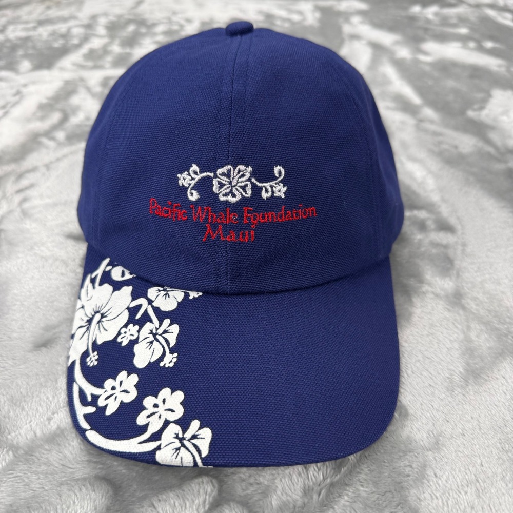Club Med Pacific Whale Foundation Maui Hat‎ Navy Blue Floral Hibiscus Cotton Cap